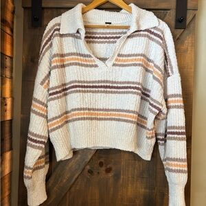 Free People Kennedy Pullover Cream and Brown Striped V-Neck Sweater